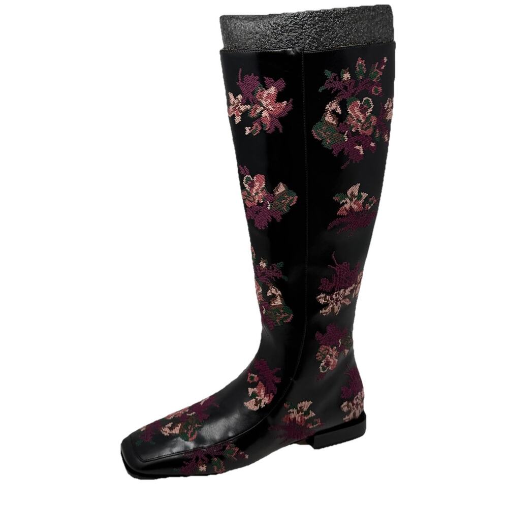 Tory Burch Black Knee-High Boots with Pink & Green Floral Embroidery